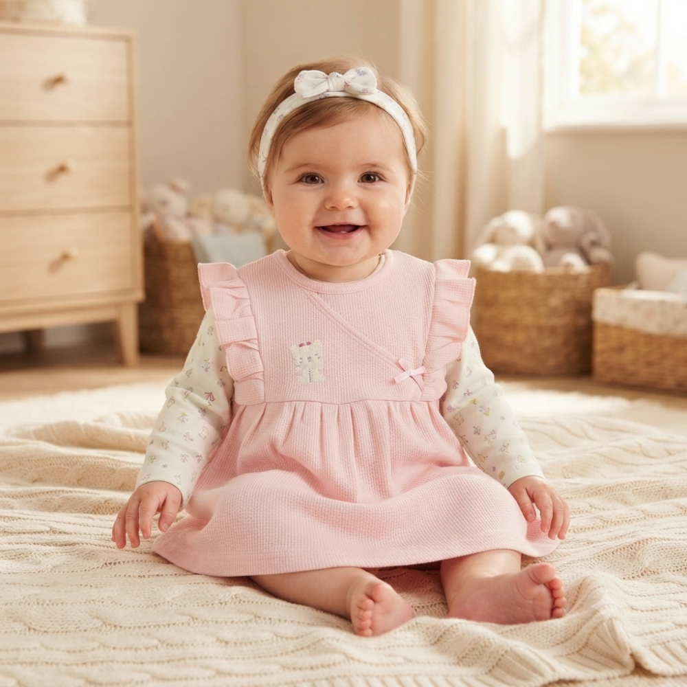 N14756: Baby Girls Waffle Fabric Pinafore, Top & Headband Outfit (0-9 Months) N14756: Baby Girls Waffle Fabric Pinafore, Top & Headband Outfit (0-9 Months)